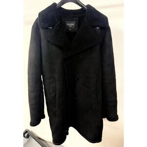 GUESS Black Faux Suede Shearling Lined Double Breasted Peacoat XL New